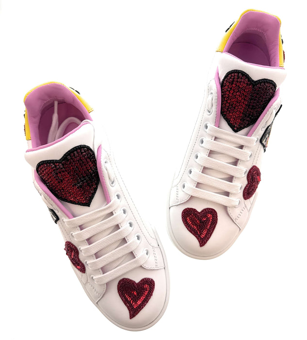 Dolce & Gabbana White Sequin Heart Embellished Sneakers-35