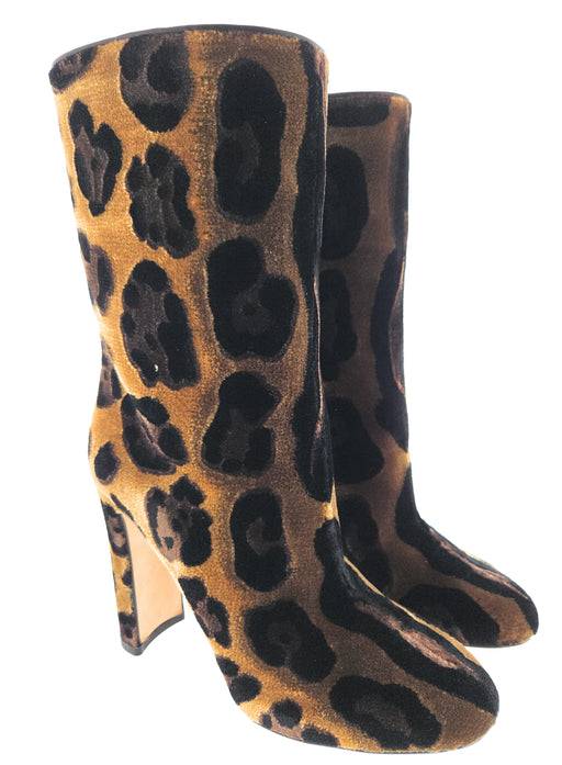 Dolce & Gabbana Brown Velvet Leopard Calf Slip On Boots-36