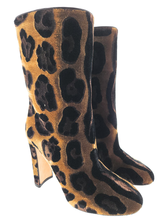 Dolce & Gabbana Brown Velvet Leopard Calf Slip On Boots-35