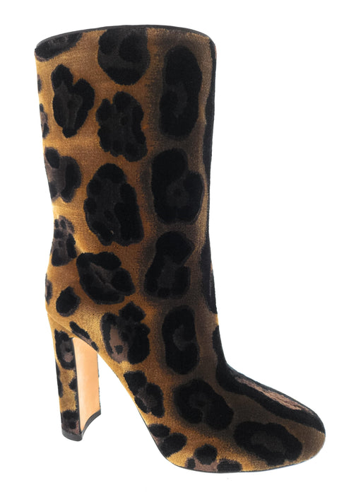 Dolce & Gabbana Brown Velvet Leopard Calf Slip On Boots-35