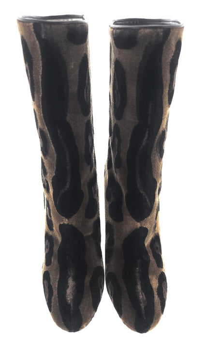 Dolce & Gabbana Brown Velvet Leopard Calf Slip On Boots-35