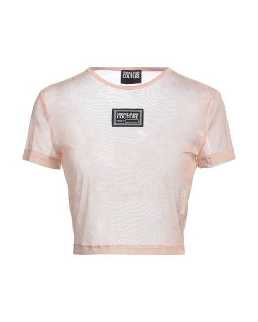 Versace Jeans Couture Light Peach Mesh Crop Top – Sheer Street Glam with Logo Edge-