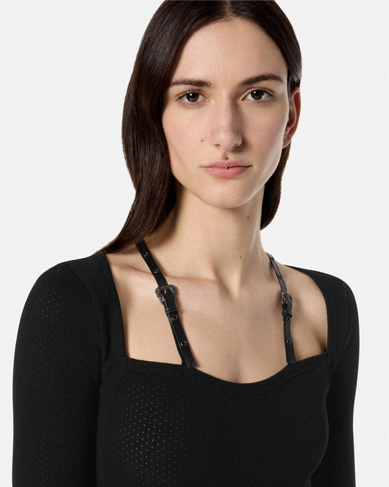 Versace Jeans Couture Long Sleeve Fitted Black Dress with Logo Strap