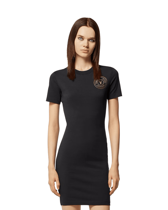 Versace Jeans Couture Black T-Shirt Dress with Gold Crest Logo-L