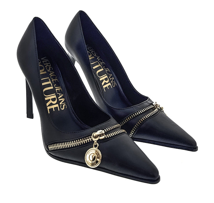 Versace Jeans Couture Womens Black Pointed Toe Pumps with Gold Zip Detail-EU38