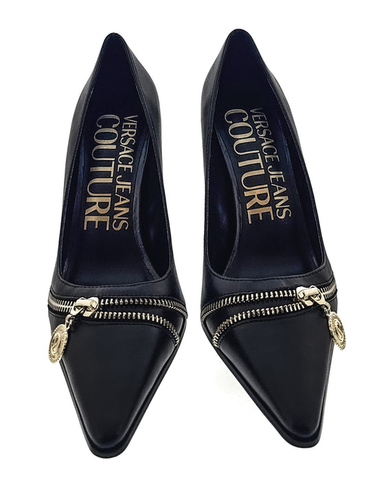 Versace Jeans Couture Womens Black Pointed Toe Pumps with Gold Zip Detail