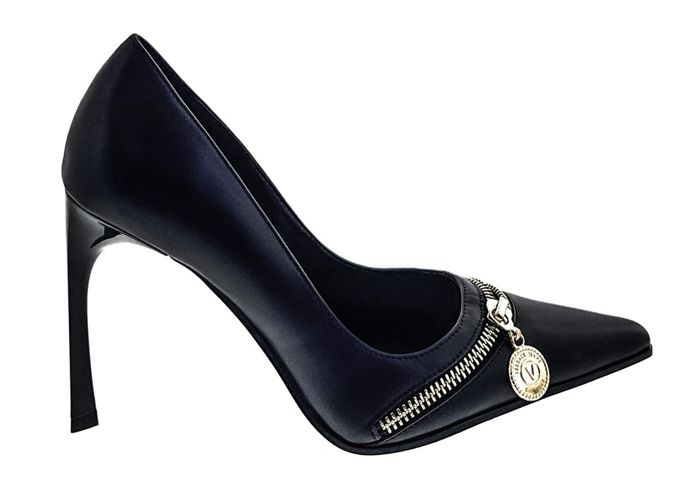Versace Jeans Couture Womens Black Pointed Toe Pumps with Gold Zip Detail