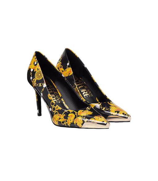 Versace Jeans Couture Womens Black/Gold Baroque Print Toe Cap Stiletto Pumps