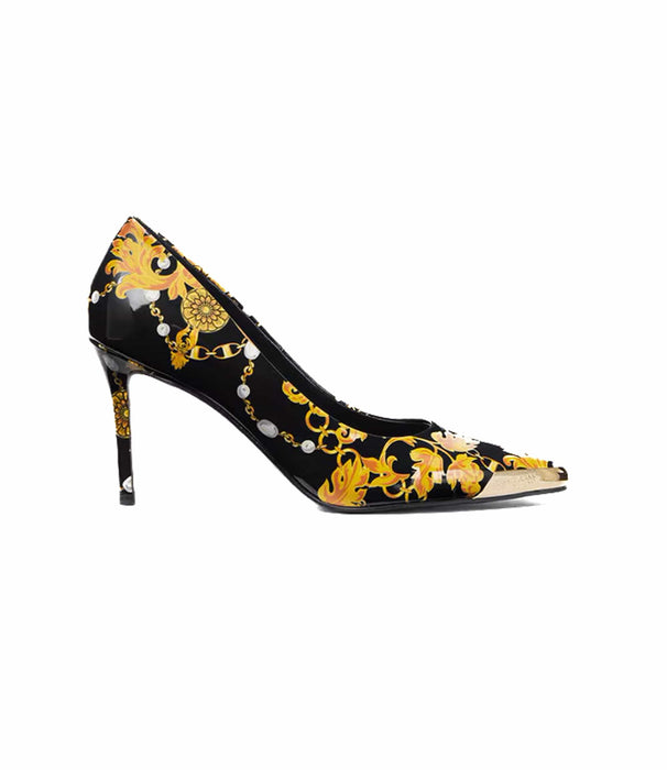 Versace Jeans Couture Womens Black/Gold Baroque Print Toe Cap Stiletto Pumps