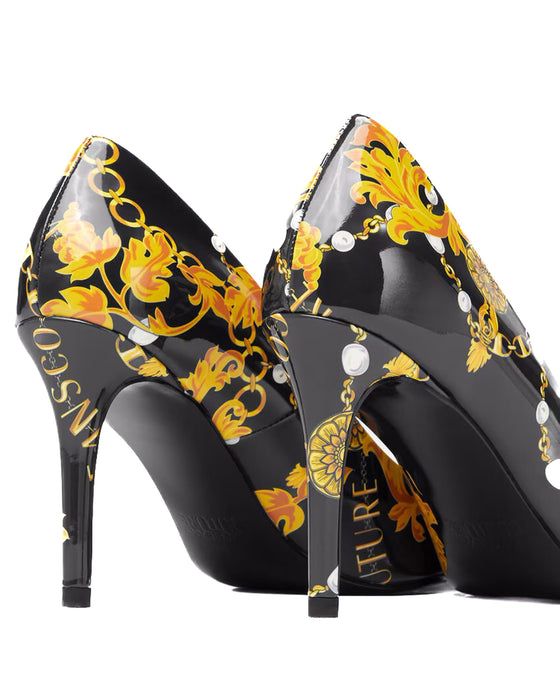 Versace Jeans Couture Womens Black/Gold Baroque Print Toe Cap Stiletto Pumps