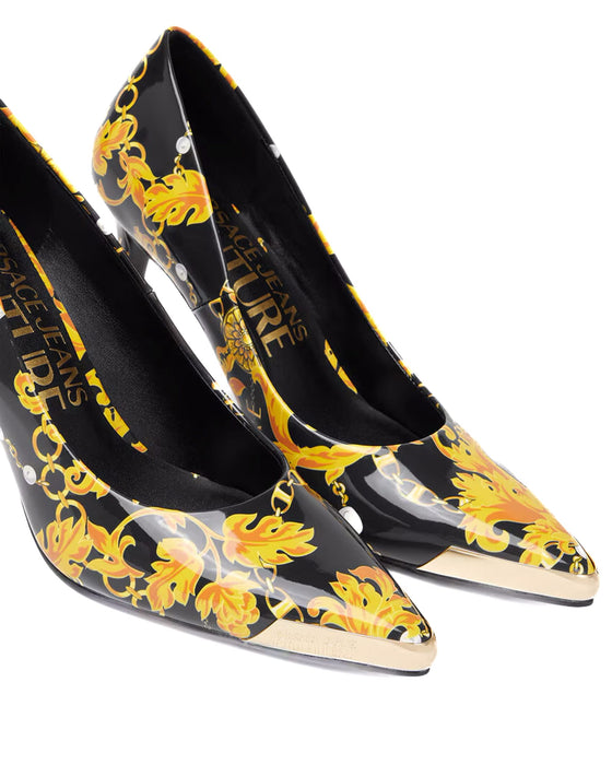 Versace Jeans Couture Womens Black/Gold Baroque Print Toe Cap Stiletto Pumps