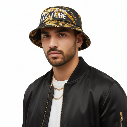 Versace Jeans Couture Black/Gold Classic Gold Baroque Print Logo Mens Bucket Hat