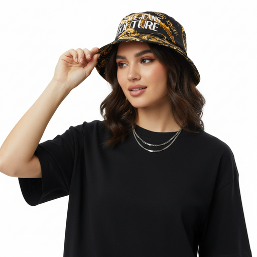 Versace Jeans Couture Black/Gold Classic Gold Baroque Print Logo Womens Bucket Hat