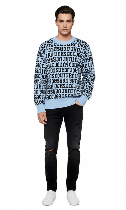 Versace Jeans Couture Sky Blue  Wool Blend Mens Logo Knitwear-M