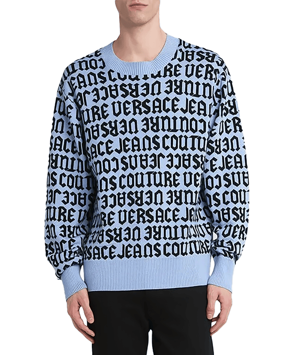Versace Jeans Couture Sky Blue  Wool Blend Mens Logo Knit Sweater