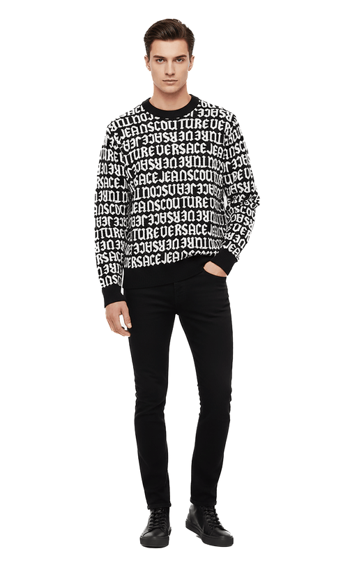 Versace Jeans Couture Black/White Wool Blend Mens Logo Knitwear
