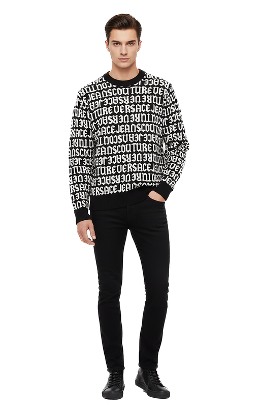 Versace Jeans Couture Black/White Wool Blend Mens Logo Knitwear