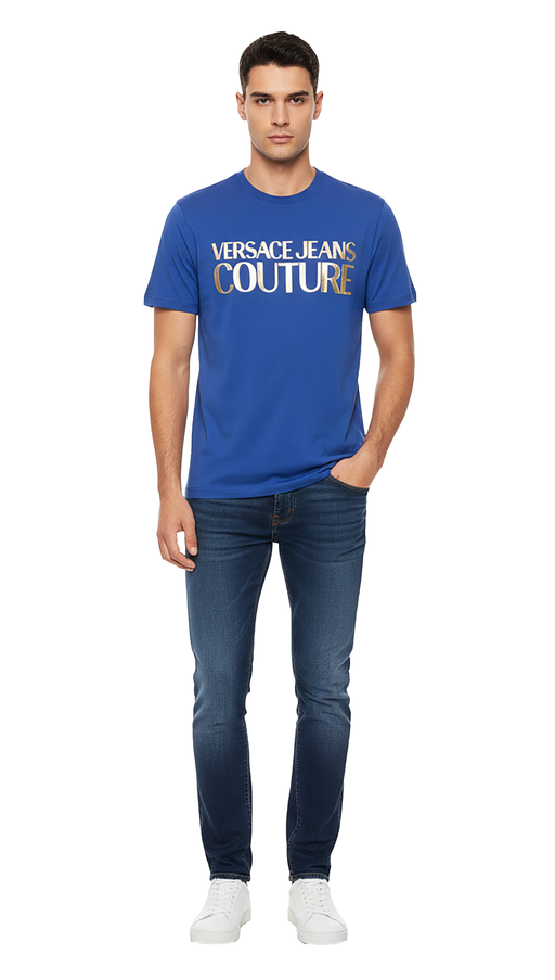 Versace Jeans Couture Steel Blue Mens Signature Foil Print  T-Shirt