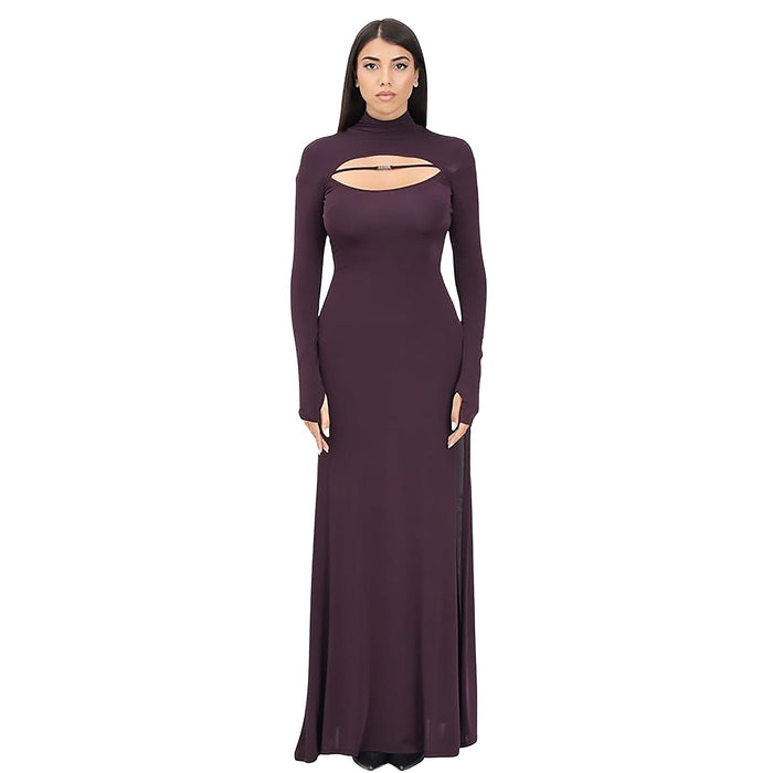 Versace Jeans Couture Plum Long Sleeve Cut-Out Maxi Dress with Logo Bar