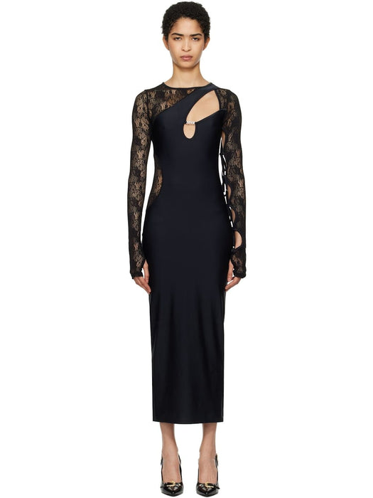 Versace Jeans Couture Lace-Inset Cut-Out Black Midi Dress with Logo Bar-6
