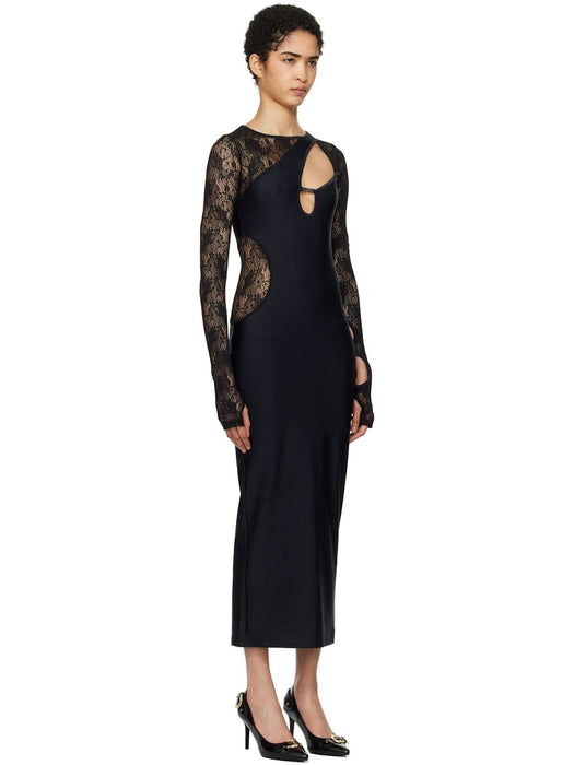 Versace Jeans Couture Lace-Inset Cut-Out Black Midi Dress with Logo Bar