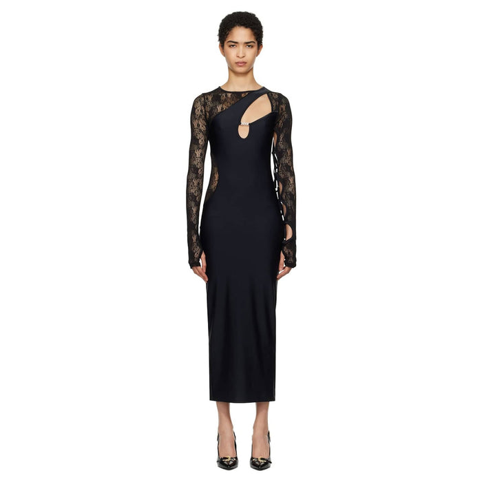Versace Jeans Couture Lace-Inset Cut-Out Black Midi Dress with Logo Bar