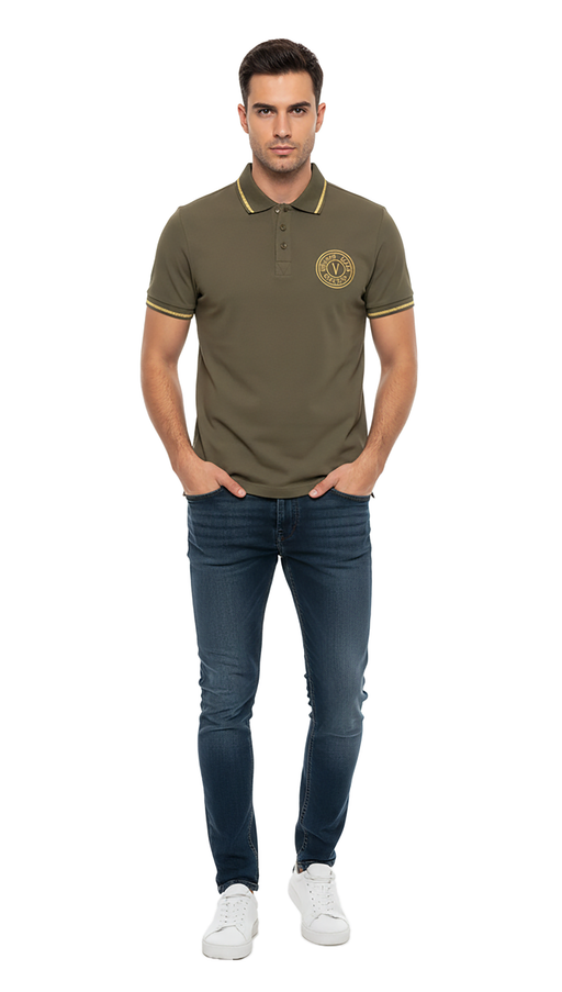 Versace Jeans Couture Olive Mens Slim Fit Polo Shirt with Gold Trim