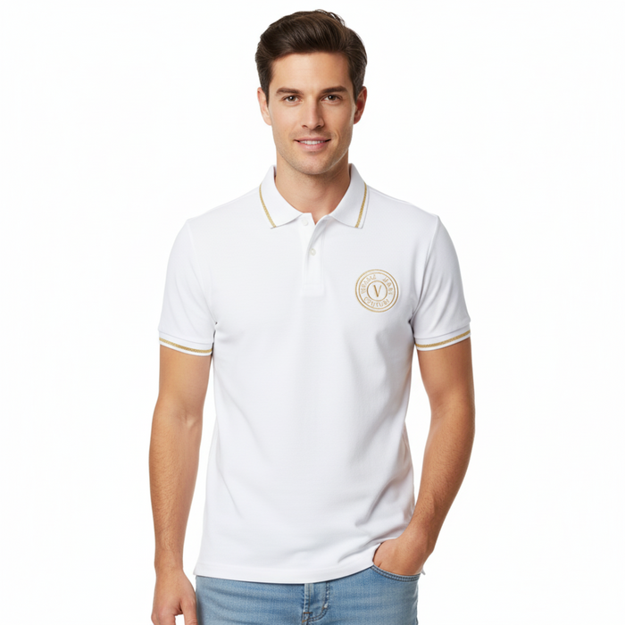 Versace Jeans Couture White/Gold Mens Polo Shirt with Gold Logo Embroidery-S