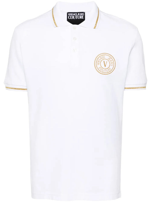 Versace Jeans Couture White/Gold Mens Polo Shirt with Gold Logo Embroidery