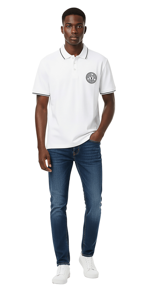 Versace Jeans Couture White Mens Polo Shirt with Black Logo Embroidery