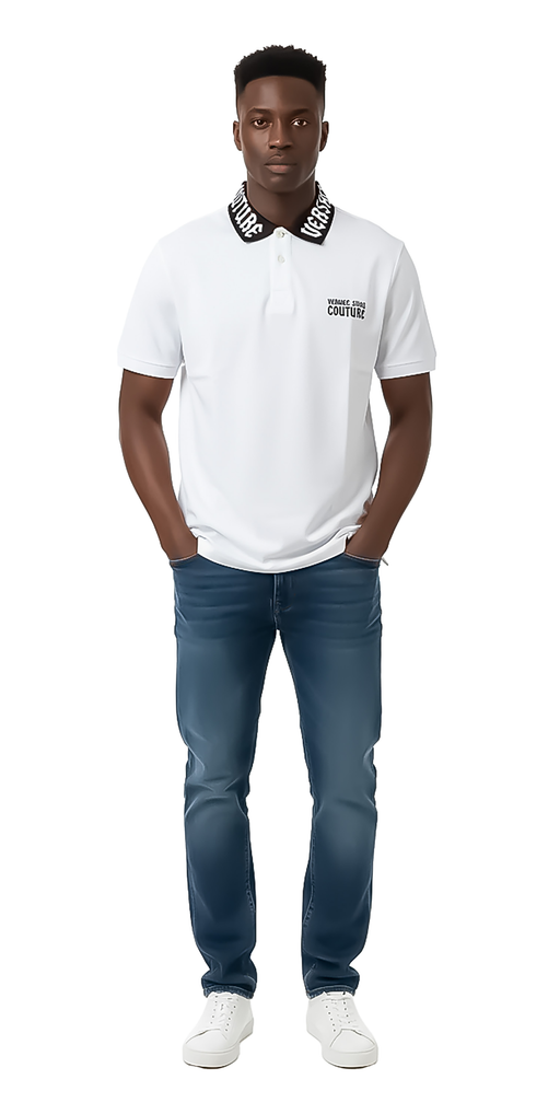 Versace Jeans Couture White Mens Polo Shirt with Goth Collar Detail