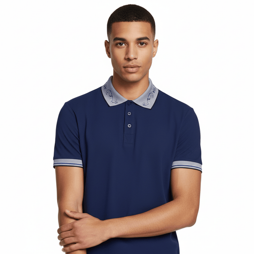 Versace Jeans Couture Steel Blue Mens Polo Shirt with Baroque Collar Detail