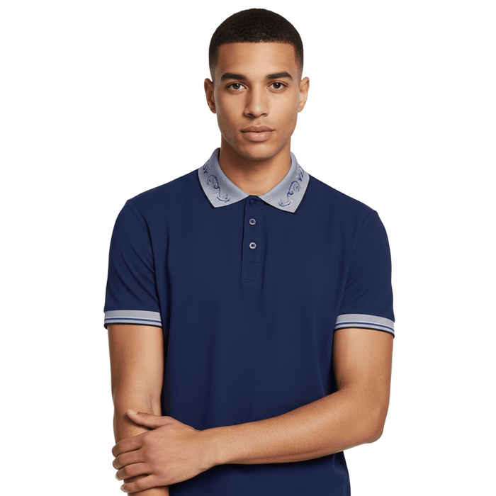 Versace Jeans Couture Steel Blue Mens Polo Shirt with Baroque Collar Detail-XXL