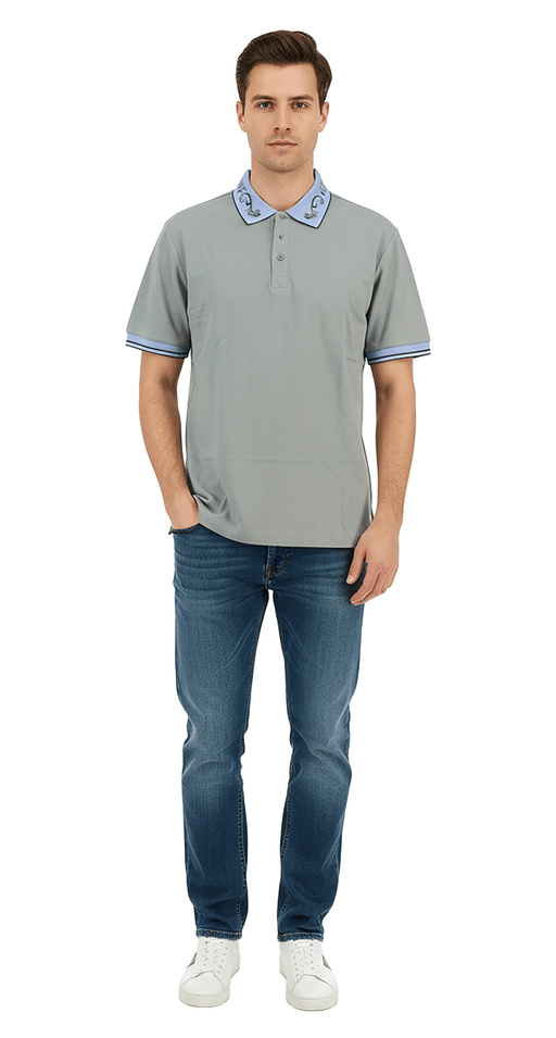 Versace Jeans Couture Ice Grey Mens Polo Shirt with Baroque Collar Detail
