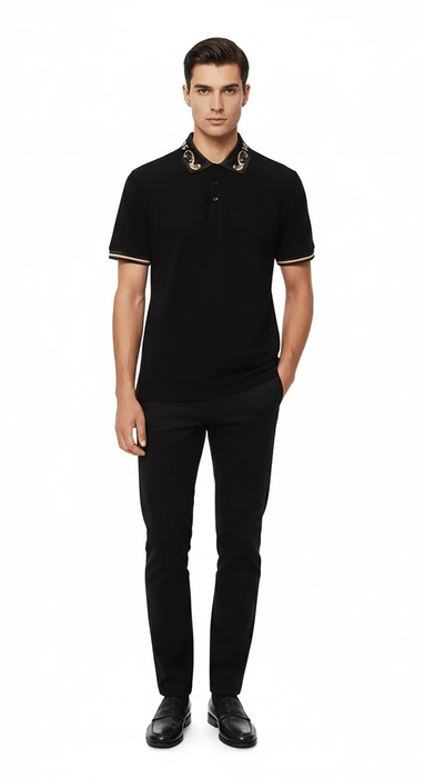 Versace Jeans Couture Black/Gold Mens Polo Shirt with Baroque Collar-S
