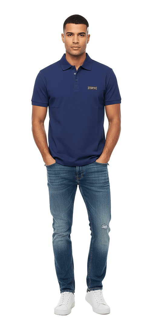 Versace Jeans Couture Steel Blue Mens Polo Shirt With Metal Logo Detail