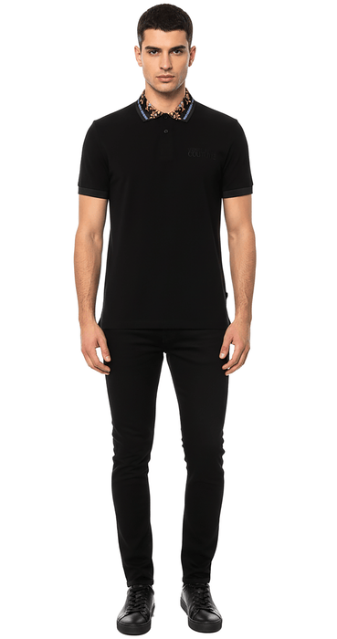 Versace Jeans Couture Black Mens Polo Shirt with Ornate Print Collar