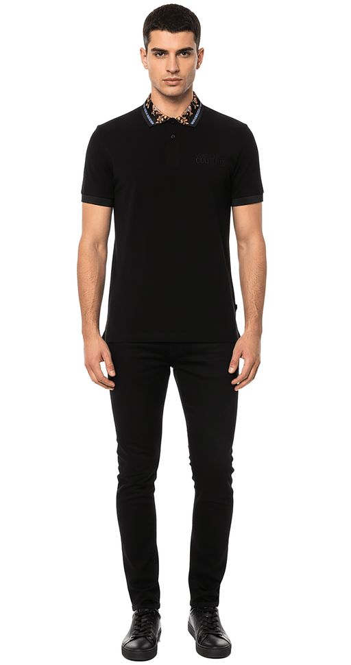Versace Jeans Couture Black Mens Polo Shirt with Ornate Print Collar
