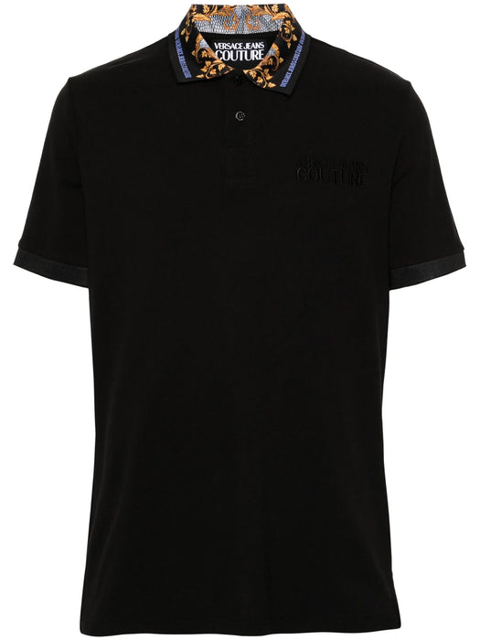 Versace Jeans Couture Black Mens Polo Shirt with Ornate Print Collar