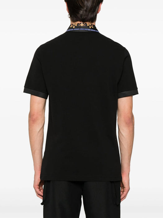 Versace Jeans Couture Black Mens Polo Shirt with Ornate Print Collar
