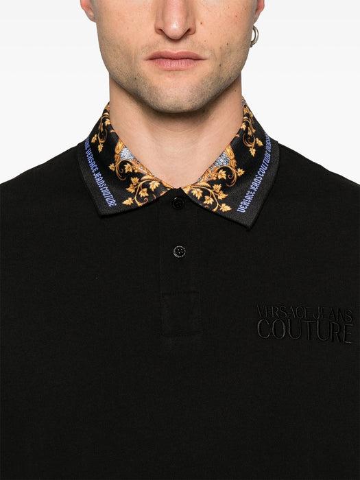 Versace Jeans Couture Black Mens Polo Shirt with Ornate Print Collar