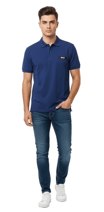 Versace Jeans Couture Steel Blue Mens Polo Shirt with Minimalist Chest Patch-L