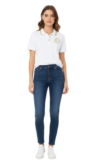 Versace Jeans Couture White/Gold Embroidered Medallion Womens Polo Shirt-