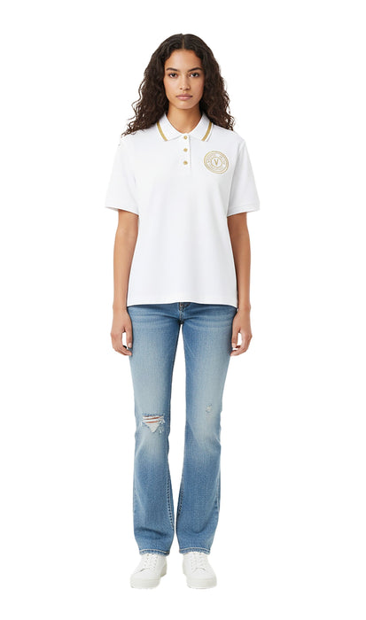Versace Jeans Couture White/Gold Embroidered Medallion Womens Polo Shirt-