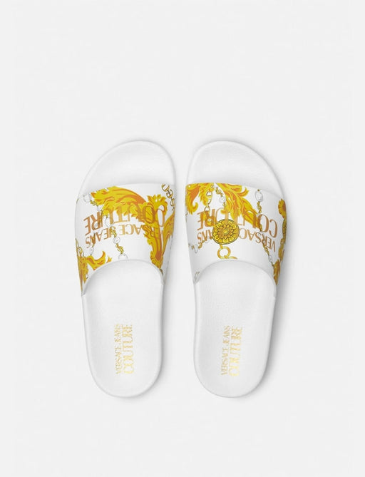 Versace Jeans Couture Baroque-Print White Mens Slide Sandals with Gold Accent