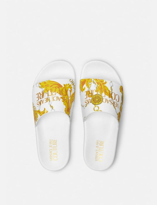 Versace Jeans Couture Baroque-Print White Mens Slide Sandals with Gold Accent -EU41