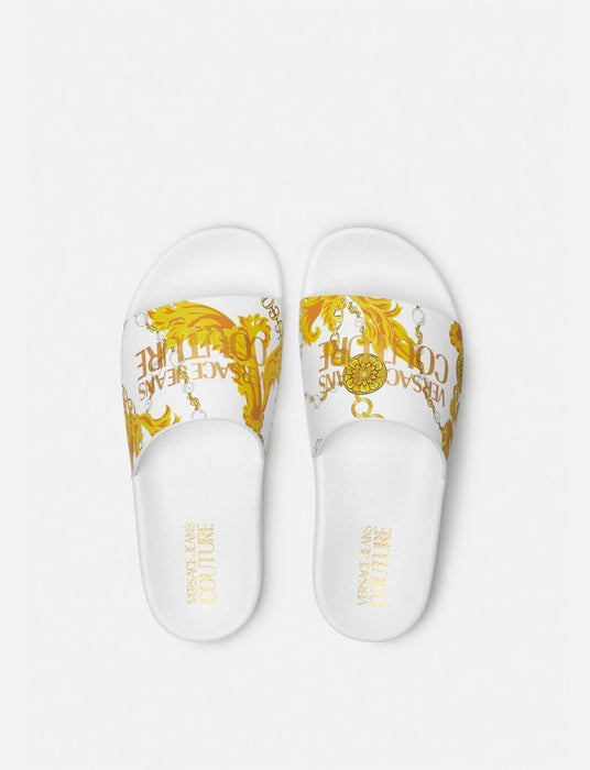 Versace Jeans Couture Baroque-Print White Slide Sandals with Gold Accent