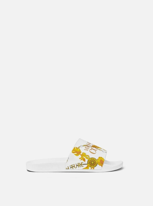 Versace Jeans Couture Baroque-Print White Slide Sandals with Gold Accent