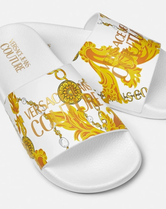 Versace Jeans Couture Baroque-Print White Slide Sandals with Gold Accent
