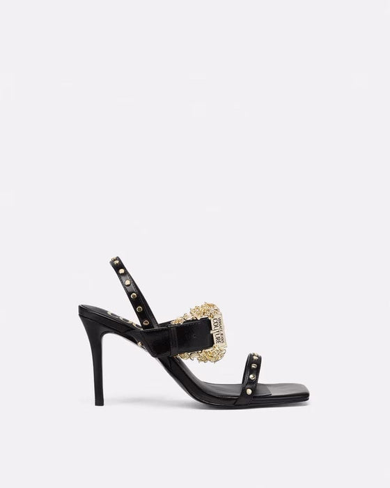 Versace Jeans Couture Womens Black Studded High-Heel Sandals with Gold Buckle